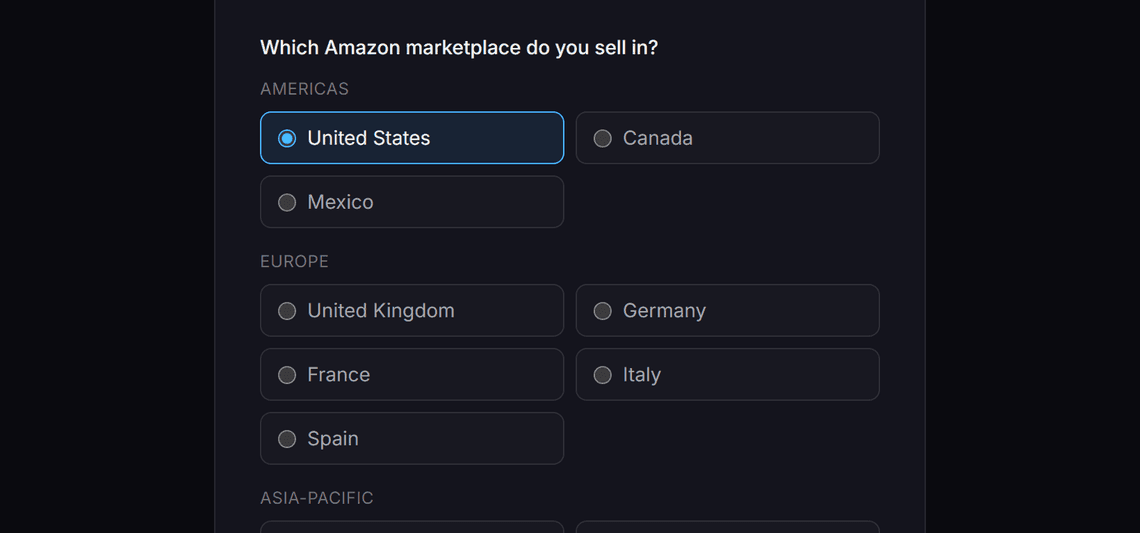 The connect screen in the app: pick the marketplace you sell in, then connect your selling account through its own Seller Central